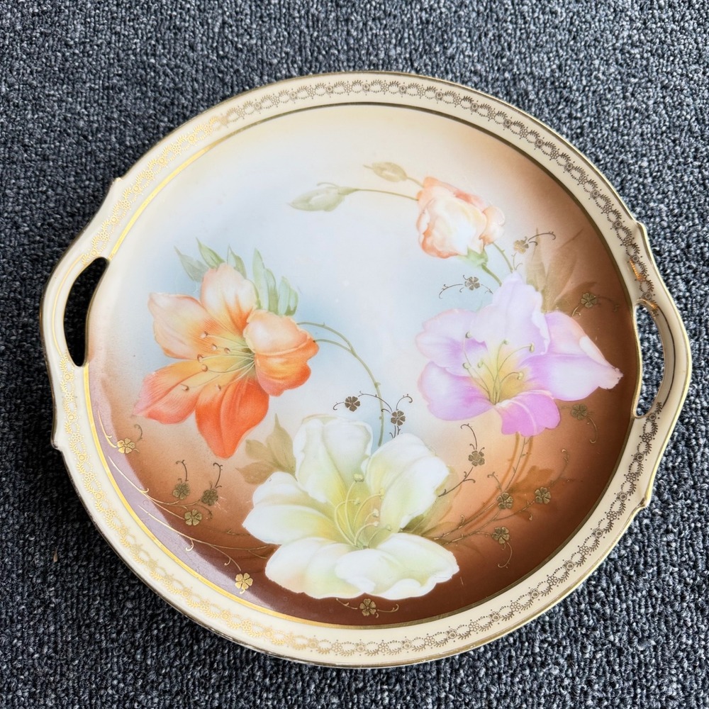 Royal Munich Z.S. & Co Bavaria Antique Floral Cake Plate 10.5" Gold Rim Handles